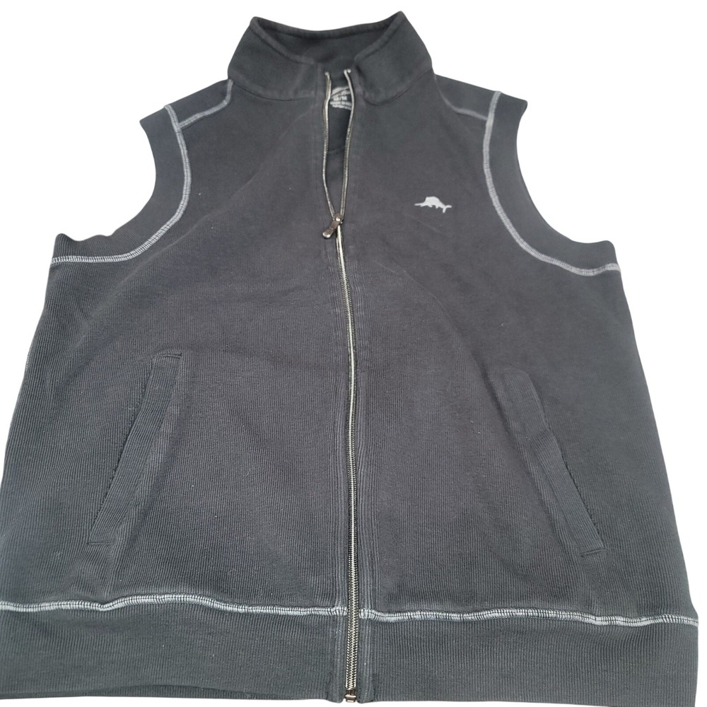 Tommy Bahama Mens Black Ribbed Full Zip Vest Mock Neck Contrast Stitch Size M